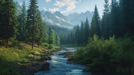Obraz premium Mountain river flowing through serene forest. Background Majestic peaks, ideal for travel posters