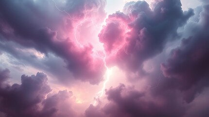 Obraz premium Ethereal pink heart cloud formation, Dramatic stormy sky, Swirling atmosphere, Romantic celestial phenomenon, Spiritual heavenly vista, Surreal cloudscape, Vibrant magenta and gray tones, Otherworldly