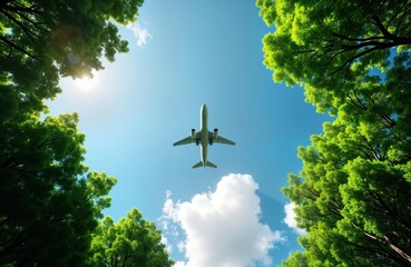 Eco-friendly plane flies above green trees. Sustainable travel concept. Clean energy aviation in nature. Future eco-friendly transportation. Airliner in sky. Natural scenery. Modern clean air