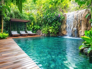 Luxury Resort Pool with Waterfall and Lush Tropical Surroundings: A Tranquil Oasis