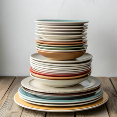 A collection of many plates stacked together, creating a neat, organized pile
