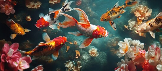 Colorful Koi fish swim gracefully in a pond surrounded by vibrant flowers.