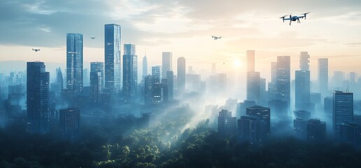 Drone delivery over misty city sunrise. Futuristic urban landscape