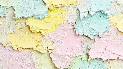 Obraz premium A tight view of an aged surface with flaking paint in tones of yellow, pink, blue, and green.