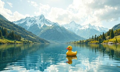 A lone yellow rubber duck floats gently on the surface of a peaceful mountain lake amidst breathtaking greenery and snowy peaks , evergreen, natural, water