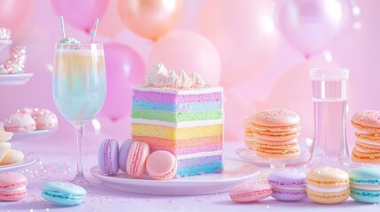 dessert table featuring rainbow-layered cakes