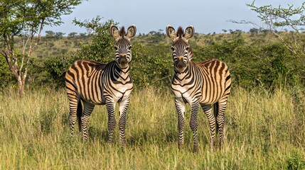 Fototapeta premium Two zebras are standing in a field of tall grass, their stripes blending seamlessly with the landscape's natural hues.