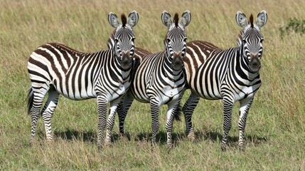 Naklejka premium Amidst the tall grass, two zebras stand, their black and white stripes harmonizing with the natural shades of the surroundings.