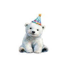 Watercolor painting of a cute polar bear cub wearing a birthday hat on a white background.