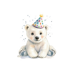 Watercolor painting of a cute polar bear cub wearing a birthday hat on a white background.