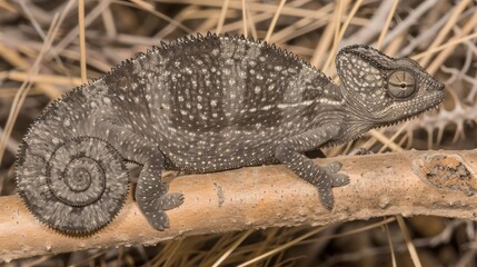 Obraz premium Chameleon Displaying Unique Anatomy While Clinging to Branch in Natural Habitat