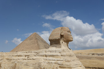 close profile portrait of the sphinx in front of cheope pyramid