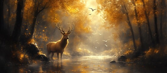 Majestic Stag in Golden Autumn Forest: A Serene Impressionist Landscape
