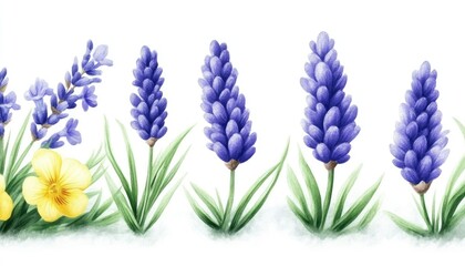 Fototapeta premium Beautiful watercolor illustration of vibrant lavender flowers and a yellow pansy against a white background