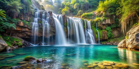 A misty waterfall cascading down rocky cliffs into a pool of crystal clear water, crystal clear pool, waterfall scenery, misty veil, scenic backdrop, aquatic scene