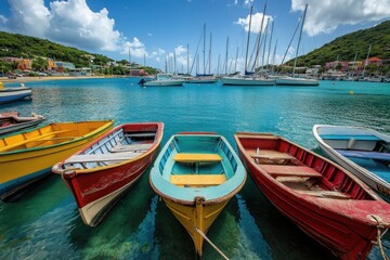 colorful fishing boats moored in a tropical harbor with sailboats in the background