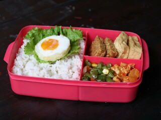 Balanced nutritious food consisting rice, egg, tofu, tempeh, and vegetables, served on lunch box, suitable for students health