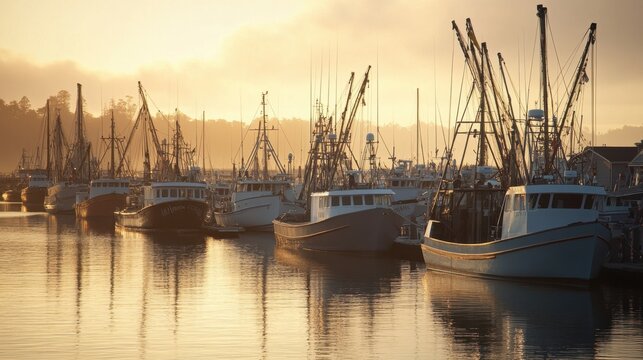 fishing boats moored in a harbor at sunrise