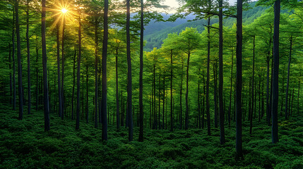 Obraz premium Luminous Sunset in a Verdant Forest, Mountain Landscape