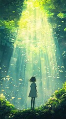 Fototapeta premium Girl Stands in a Sunlit Submerged Cityscape