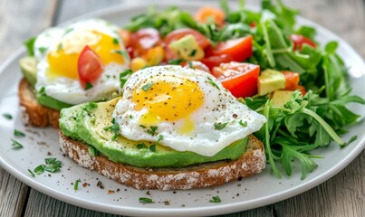 Delicious avocado toast with poached eggs and fresh salad