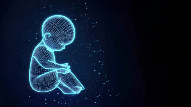 Ai generated baby silhouette glowing with blue energy floating in dark space, representing pregnancy, gestation, fetus, technology, and amniotic life