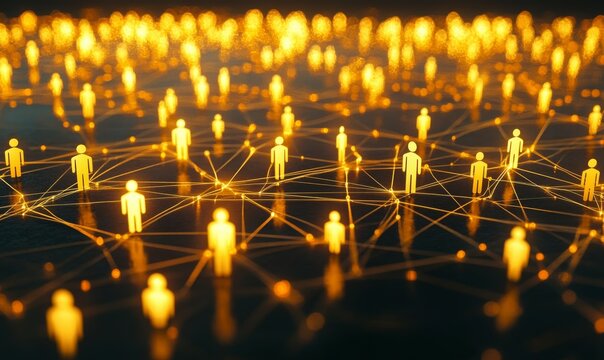 Digital representation of interconnected figures symbolizing networking and collaboration. glowing yellow figures stand out against dark background