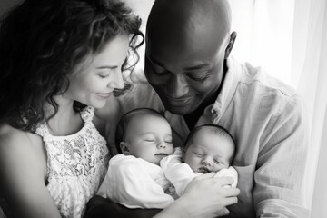 happy family with newborn twins