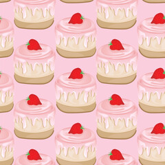 Seamless pattern for kitchen decor and more. Delicious cupcake with whipped cream and strawberry. Vector cartoon illustration of sweet food.