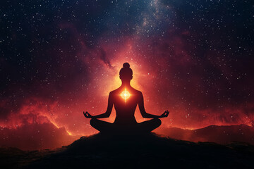 Silhouette of a young woman doing yoga, sitting in lotus position (Padmasana) with a glowing chakra against the background of galaxy space with stars. 