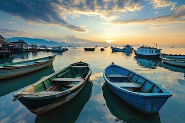 Fototapeta premium fishing boats moored in harbor at sunrise