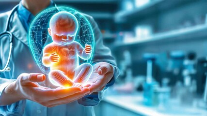 Doctor holding holographic baby in hand close up of fetus development, symbolizing pregnancy, womb, gestation, amniotic care, and advanced medical technology