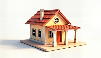 3D model of small house on white background. Simple design. Yellow house with orange roof. Porch with columns. Windows, door visible. Ideal for real estate illustration presentation. Home design