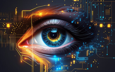 A close-up of the human eye is surrounded by digital graphics and blue light patterns, creating a futuristic and technological feel. Intricate details of the eye aid in identification. AI generated.