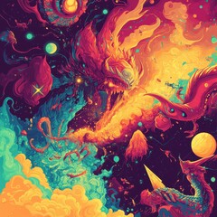 Naklejka premium Cosmic Dragons Clashing In A Vivid Nebula