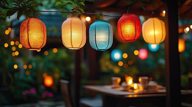 A cozy outdoor dining area illuminated by colorful paper lanterns in shades of orange,