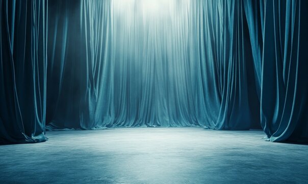 Dramatic stage curtains part to reveal an atmospheric performance space with soft lighting