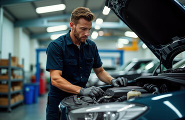 Confident male auto mechanic meticulously examines car engine. Works in modern car service center. Pro repairman checks car parts carefully. Focused technician maintains vehicle. Experienced
