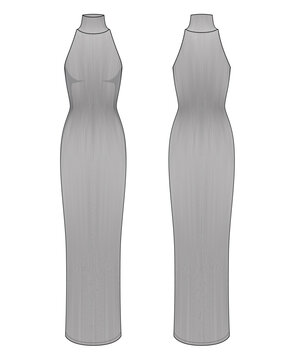 Vector fashion technical drawing of a sleeveless halter neck knit dress with front and back view. Turtle neck. Maxi length. Rib knit fabric.
