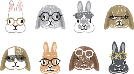 メガネをかけた様々なうさぎの顔の手書きアイコンイラストセット