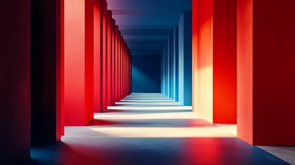 Fototapeta premium Abstract wallpaper with red and blue pillars, clean lines and gradient transitions creating a dynamic minimalist design
