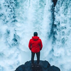 Obraz premium A person in a red jacket stands on a rock, gazing at a powerful waterfall.