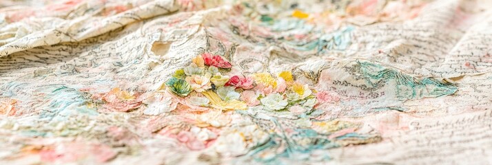 Fototapeta premium Pastel floral fabric texture; crumpled, close-up; design detail