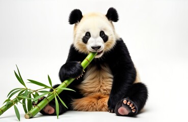 Fototapeta premium Cute panda cub sits, eats bamboo stalk. Adorable animal enjoys fresh food. Fluffy fur, black-and-white colors make panda look lovely. Panda isolated against white background. Focus on young panda in