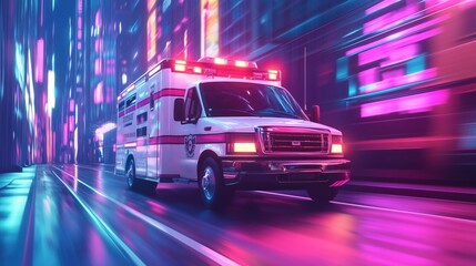 Ambulance speeds through a neon-lit cityscape, its glowing lights cutting through the vibrant urban energy, symbolizing advanced emergency care.
