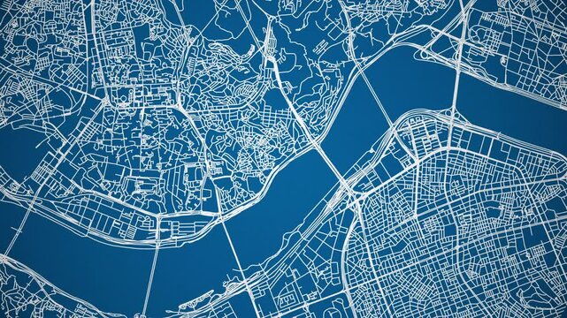 Ink reveal animation of Seoul city, South Korea, grid map. Aerial top view. Blueprint style. White lines with blue background. 4K Seamless loop.