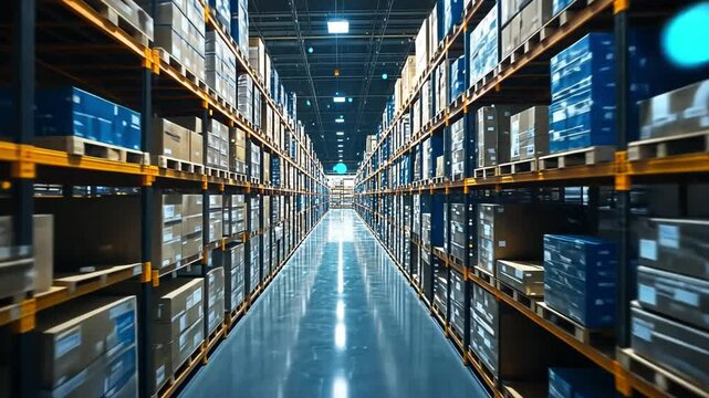 Expansive warehouse filled with neatly stacked boxes and pallets in an organized storage facility