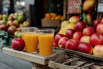 Fresh fruit stand offering vibrant juices and a variety of apples in a bustling market setting