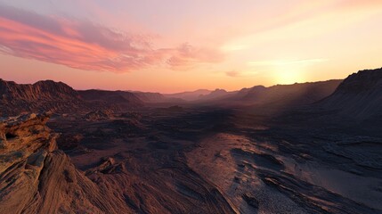 Naklejka premium A serene landscape featuring layered mountains under a colorful sky at sunset creating a tranquil scene