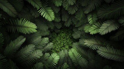 Lush green palm leaves forming a natural pattern viewed from above in a tropical setting.